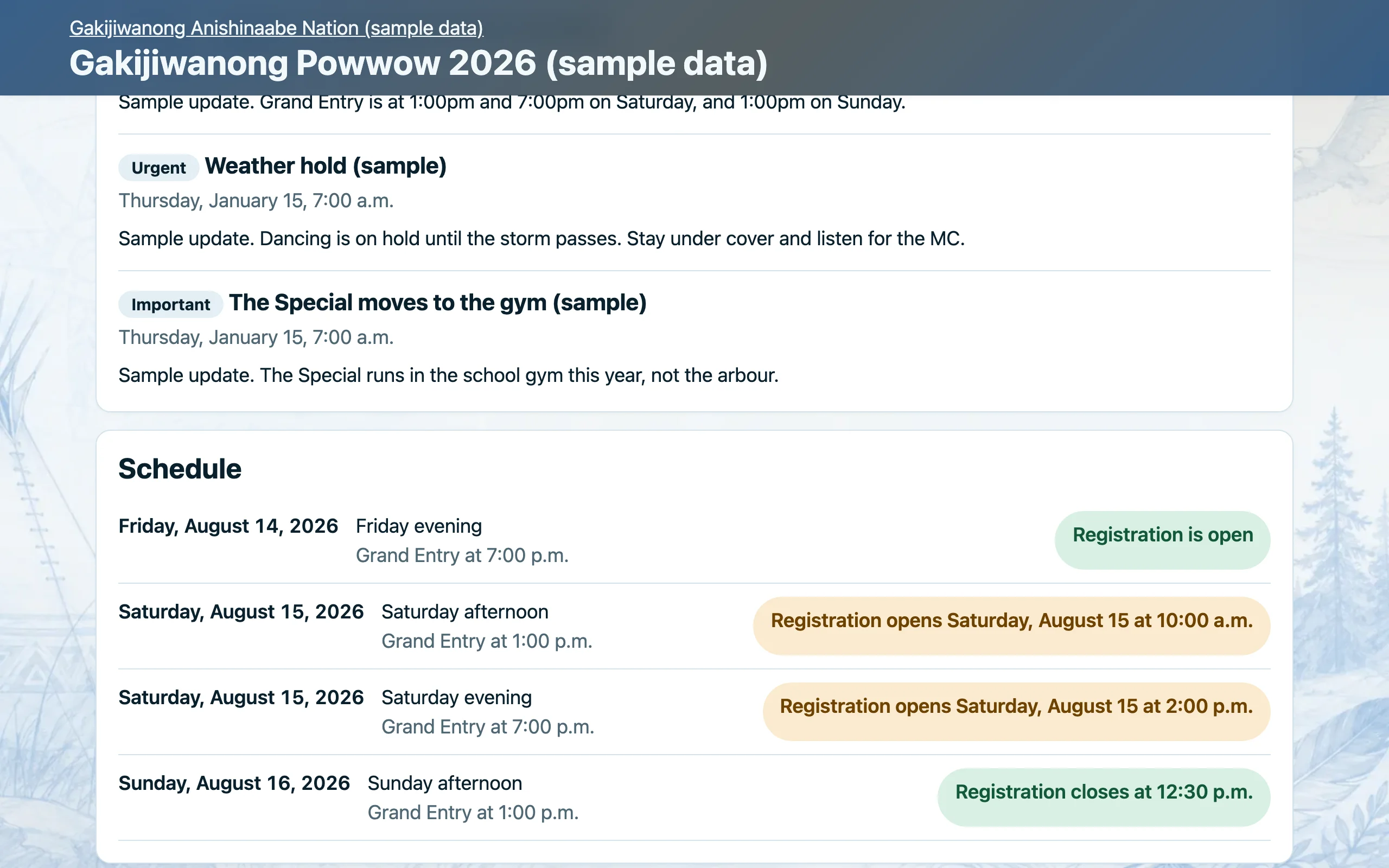 Demo event schedule showing several sessions across a pow wow weekend.